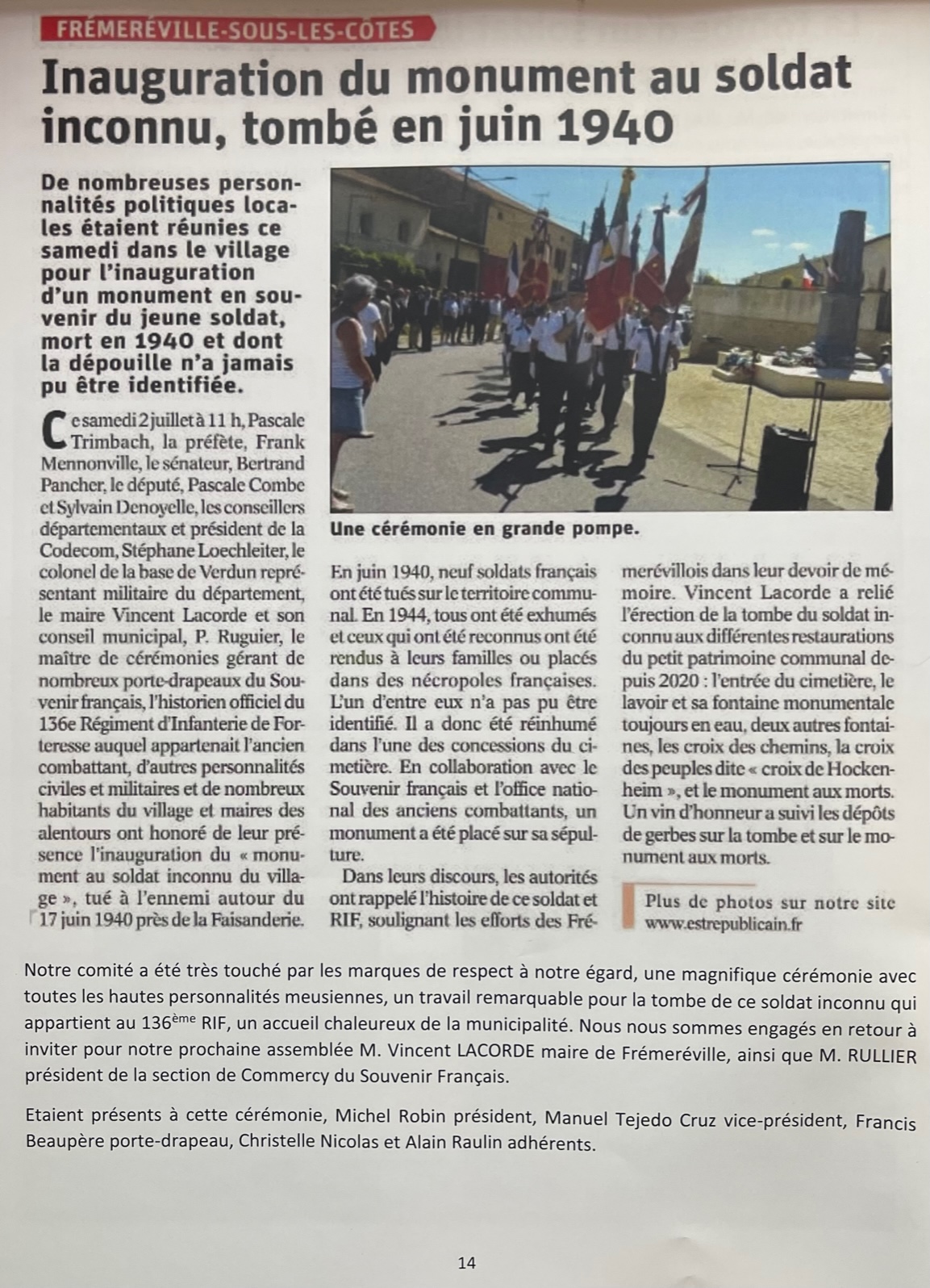 Article sur l'inauguration de la tombe du soldat inconnu de Frémeréville du 2 juillet 2022