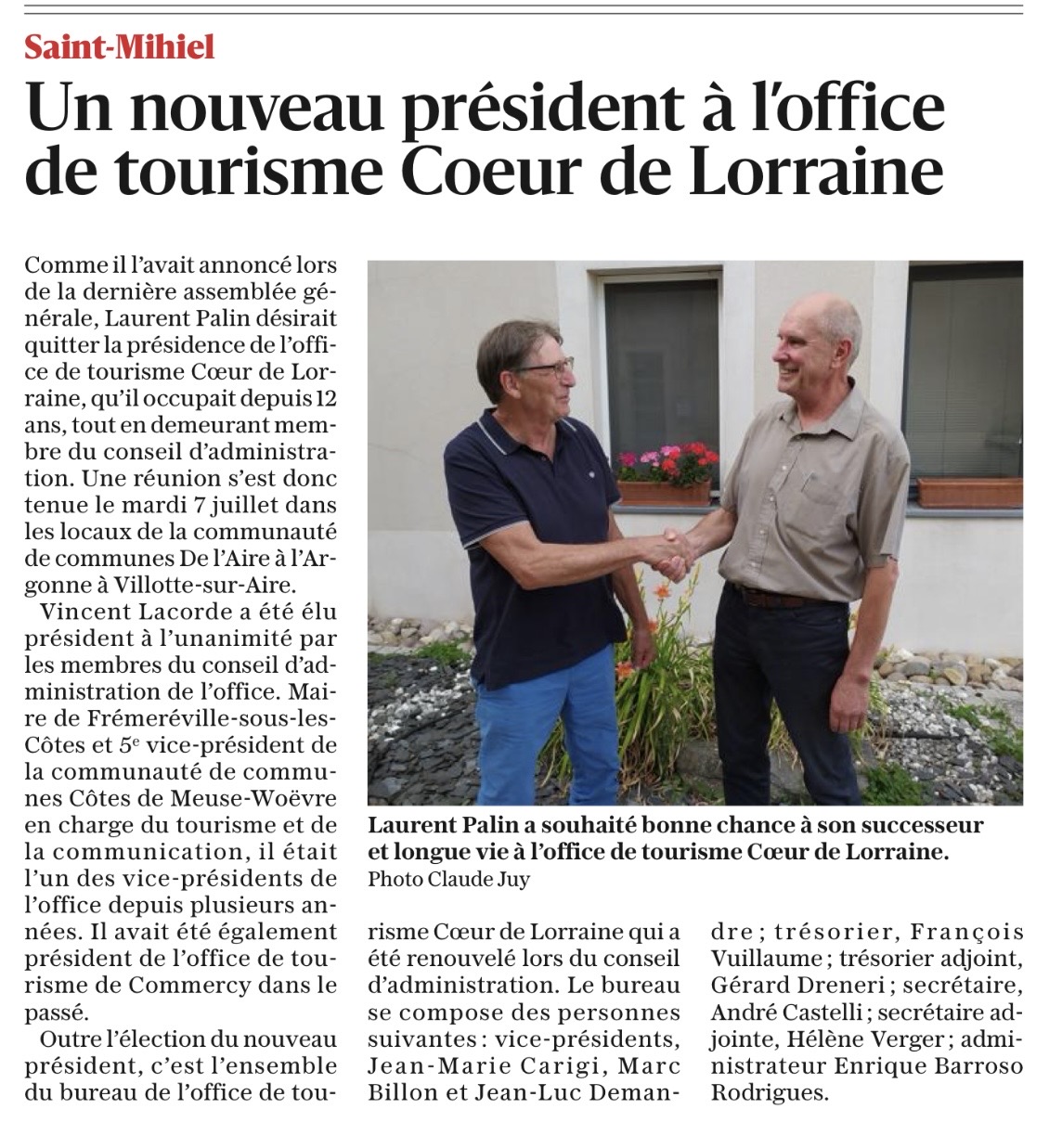 Vincent Lacorde remplace Laurent Palin comme pr�sident de l'office de tourisme Coeur de Lorraine